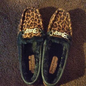 Juicy Couture Leopard Print LoafersFur Lined  with Gold And Rhinestone Buckles